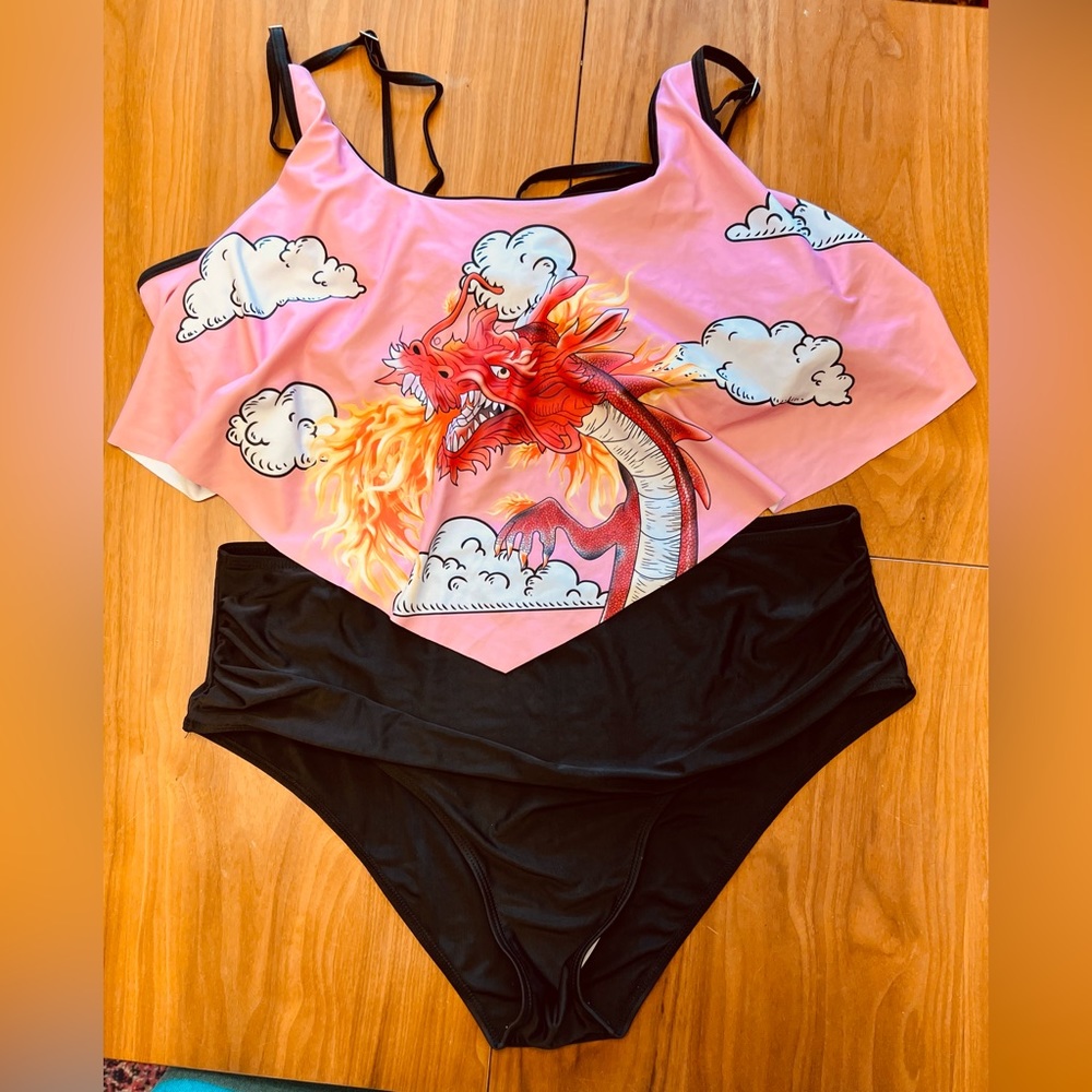 Rosegal Stylized Dragon Tankini - Pink & Black - Picture 3 of 6